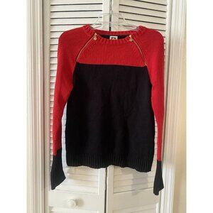 Anne Klein Womens Top Sweater Sz S Gold Zipper Black Red Long Sleeve Career Fall